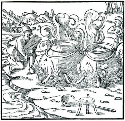 Tengervíz elpárologtatása vasedényekben só előállítására, 1556 alkotó: Unbekannt