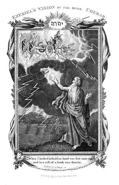 Ezékiel látomása egy szekérről az égen és egy kézről a felhőkben, amint egy könyvet tart feléje, 1804 alkotó: Unbekannt