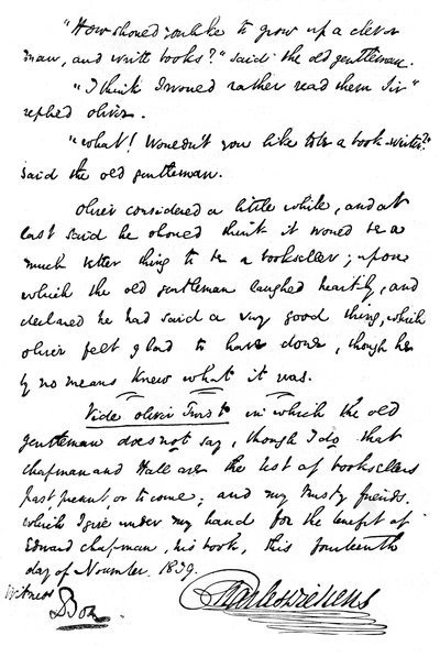 A Pickwick Papers, 1839, 1912 egy példányában található felirat fakszimile alkotó: Unbekannt