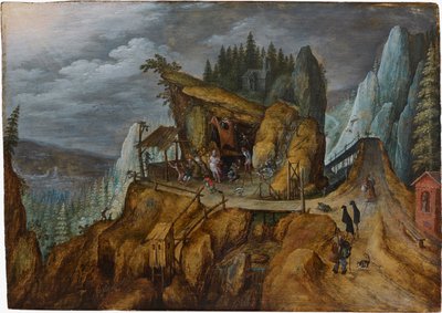 Fantasztikus sziklás táj Szent Antal megkísértésével, 1600. alkotó: Unbekannt