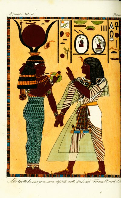 Hathor egyiptomi istennő alakja I. Széti királlyal thébai sírjából, Giovanni Battista Belzoni fedezte fel alkotó: Unbekannt