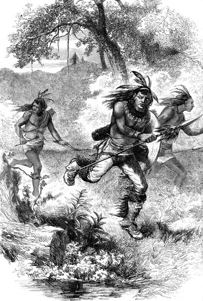 Az amerikai őslakosok menekülése a telepesek lemészárlása után, 17. század c1880 alkotó: Unbekannt