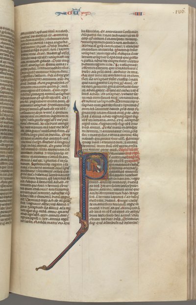 Fol. 136r, IV. királyok, történeti kezdetű P, Aházia lezuhan egy toronyból, kb. 1275-1300. alkotó: Unbekannt