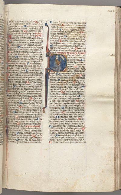 Fol. 218r, 26. zsoltár, történetírás kezdete D, Dávid térdre ereszkedik, és a szemére mutat, Isten mellszobra..., alkotó: Unbekannt