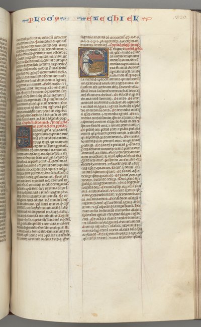 Fol. 320r, Ezechiel, történeti kezdetű E, egy alvó Ezékiel a négy fenevadról szóló látomásával. alkotó: Unbekannt