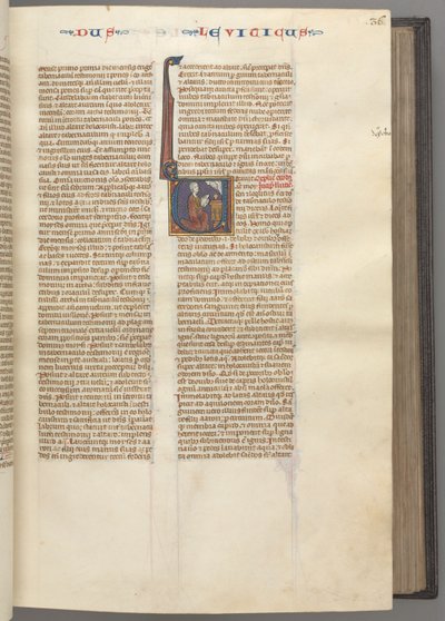 Fol. 36r, Leviticus, történeti kezdetű V, Mózes oltáron áldozati bárányt ajánl fel, kb. 1275-1 alkotó: Unbekannt