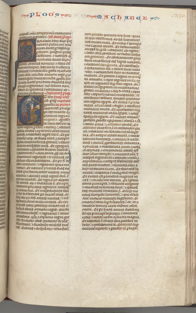 Fol. 370r, Makkabeusok I, történeti kezdetű E, Mathathias megöli a bálványimádó zsidót, kb. 1275-1300. alkotó: Unbekannt