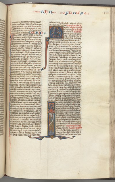 Fol. 404r, Márk, historikus kezdetű I, Márk tekercssel áll, c. 1275-1300. alkotó: Unbekannt