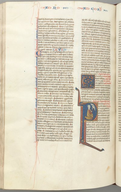 Fol. 440v, I. korinthusi levél, történeti kezdetű P, Pál térdre ereszkedve beszél a fenti Isten mellszobrával, kb. alkotó: Unbekannt