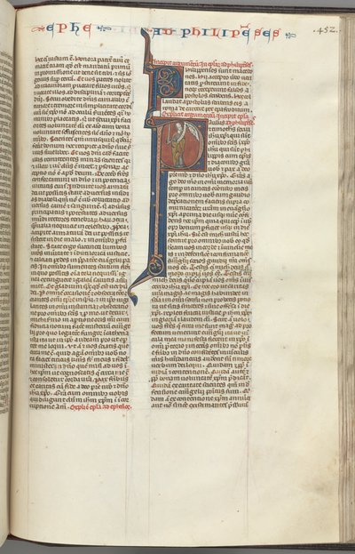 Fol. 452r, filippi, történész kezdetű P, Pál karddal és tekercssel állva beszél alkotó: Unbekannt