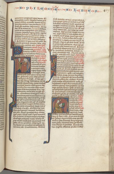 Fol. 459r, Philemon, történetíró kezdetű P, Pál három férfihoz és a héberekhez szól..., c. 1275-1300. alkotó: Unbekannt