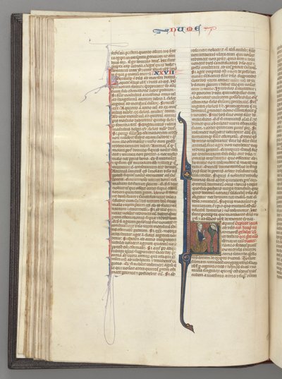 Fol. 46v, Számok, történeti kezdetű L, Mózes szarvakkal, Isten előtt térdelve, c. 1275-1300. alkotó: Unbekannt