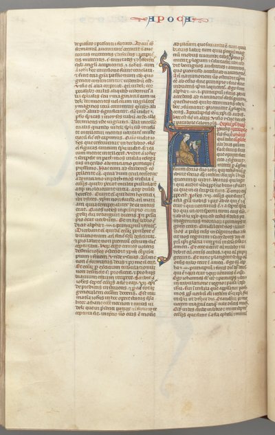 Fol. 482v, Revelations, historikus kezdőbetű A, János íróasztalnál ülve ír..., c. 1275-1300. alkotó: Unbekannt