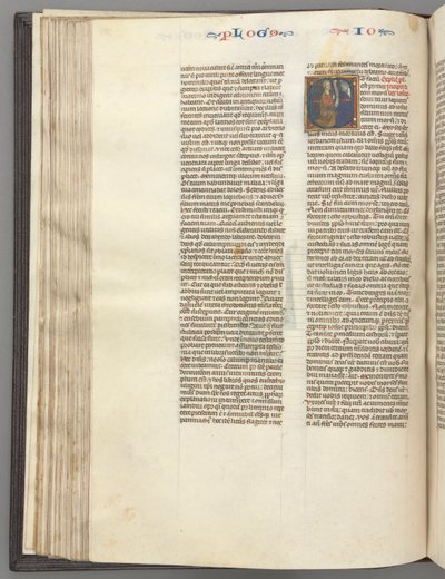 Fol. 76v, Joshua, historikus kezdetű E, Józsué egy tekercssel Isten előtt térdelve, c. 1275-1300. alkotó: Unbekannt