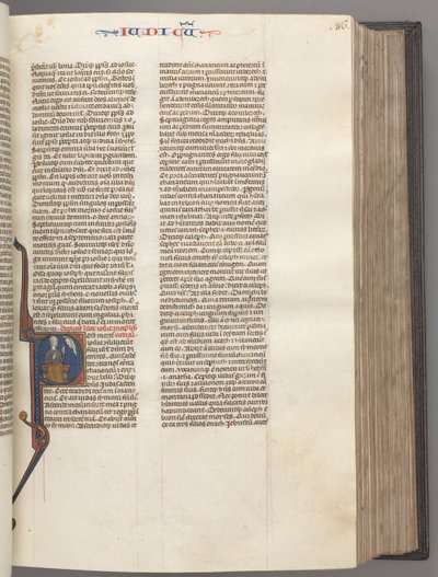 Fol. 86r, Judges, histored kezdeti R, Júda ül egy könyvvel, amely Istennel beszél, kb. 1275-1300. alkotó: Unbekannt