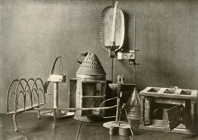 Lábmelegítő, olajlámpás, gyertyatartó, bádoglámpás és kenyérpirító, XVIII. század, 1937. alkotó: Unbekannt