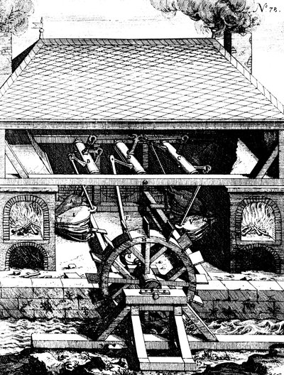 Alultört vízikerék által hajtókarokon keresztül hajtott fújtató kovács, 1673 alkotó: Unbekannt