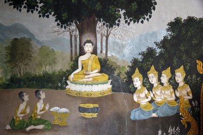 Buddha életének egy jelenetét ábrázoló freskó Wat Phra Doi Suthepben, Chiang Mai államban. Buddha alamizsnát kap. Thaiföld alkotó: Unbekannt