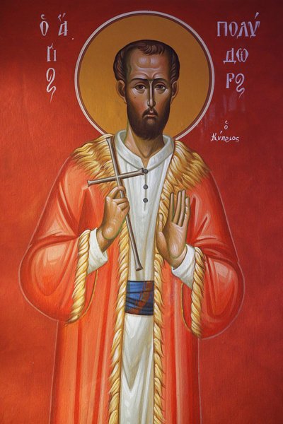 Freskó a Szent Kereszt templomban, Pedoulas. Saint Polydor Ciprusról, 20150510, Pedoulas, Ciprus alkotó: Unbekannt