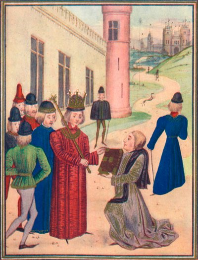 Froissart bemutatja szerelmes verses könyvét II. Richárdnak 1395-ben, 1905-ben alkotó: Unbekannt