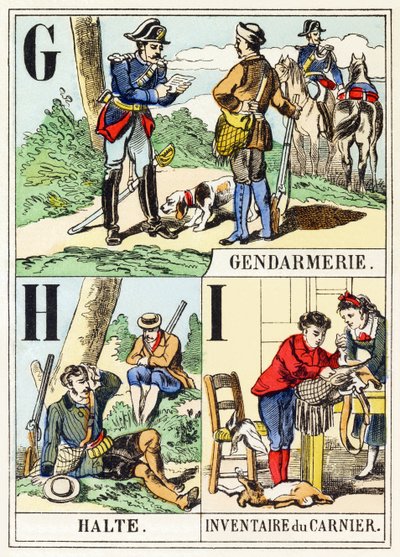 G H I: Csendőrség, Halte, Inventaire du gamenier – A vadászábécé, 1890 körül (metszet) alkotó: Unbekannt