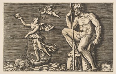 Galatea Polyphemust megszökve egy sziklán ül, kezében egy bottal és csövekkel, és..., kb. 1515-1600. alkotó: Unbekannt