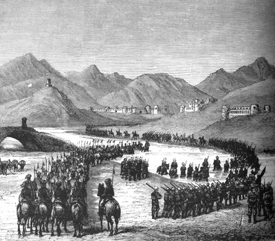 Rosss tábornok hadosztály átkel a Logar folyón, hogy találkozzon Sir Donald Stewarttal, c1880 alkotó: Unbekannt