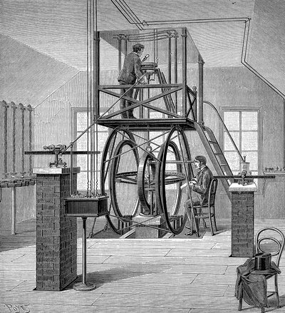 Óriás galvanométer a fizikai laboratóriumban, Cornell Egyetem, New York, USA, 1886 alkotó: Unbekannt