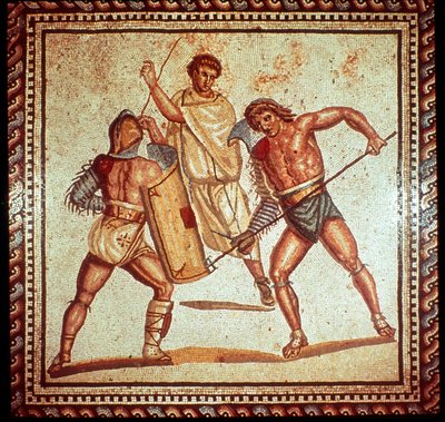 Gladiátorok az arénában, római mozaik, Saarbrucken, Németország alkotó: Unbekannt