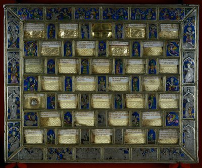 Ötvös: 14. századi staurotéka vagy gótikus ereklyetartó Nagy Károly sakkjátszmái (sakk), ezüst, arany és montpellier-i e-mail formájában. Roncesvalaux. Navarra. Spanyolország. alkotó: Unbekannt