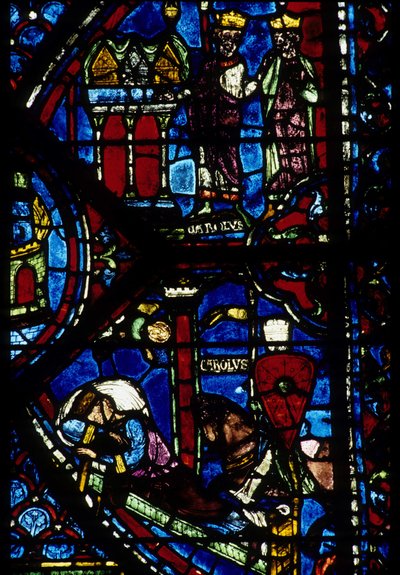 Gótikus építészet. Histoire de Charlemagne (részlet): Charlemagne (742-814) 3 vadászatot kap (magas) és Konstantin látomása (én, bizánci császár). Az északi ambuláns ólomüveg, abszidiális. Chartres-i katedrális. alkotó: Unbekannt