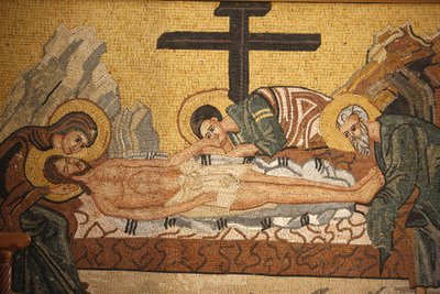 Görög ortodox ikon, amely Krisztus sírját ábrázolja a Szent György ortodox templomban, Madaba , Madaba, Jordanie alkotó: Unbekannt