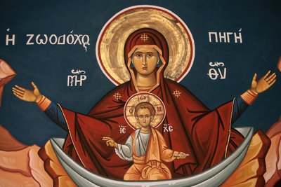 Görög ortodox ikon, amely Máriát az élet kútjaként ábrázolja Thessalonique Görögországban alkotó: Unbekannt