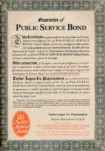 Garancia of Public Service Bond – Taylor-Logan Co. Papermakers hirdetés, 1919 alkotó: Unbekannt