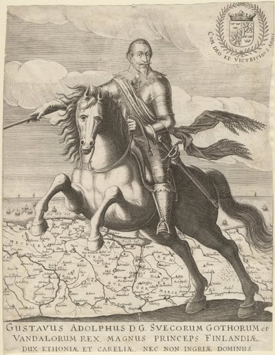 Gustavus Adolphus Pomeránia térképe előtt a háttérben, 1630 alkotó: Unbekannt