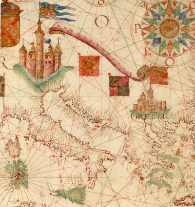 HM 1549   LUÍS TEIXEIRA, PORTOLÁN TÁBLÁZAT. Lisszabon, kb. 1600 Egy tekercsre írva: „Por Luis Te[ixe]ira em Lix[bo]a”. 1867-ben Henry Stevens (1791-1867) eladta Henry Huthnak (1815-78), The Huth Library (1880), pt. 4, 1171. Alfred Henry Huth (1850-1910) el alkotó: Unbekannt