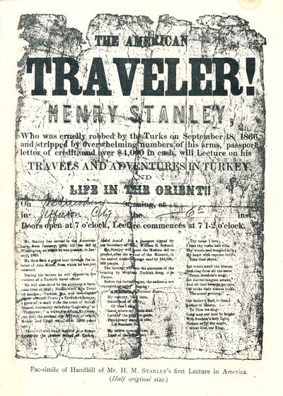 Henry M. Stanley, Handbill a Lecture Tour-ról Amerikában, 31 évesen fedezte fel Dr. Livingstone-t Afrikában alkotó: Unbekannt