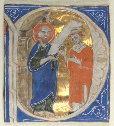 Történelmi kezdeti, kivágott Bibliából: Szent Pál és egy klerikus, 1200-as évek. alkotó: Unbekannt