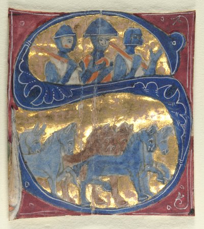 Történeti kezdőbetű S Egy Bibliából kivágva: Katonák és lovak, 1200-as évek. alkotó: Unbekannt