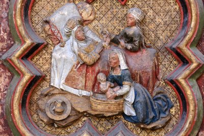 Keresztelő Szent János története: "Keresztelő Szent János születése." Az északi kórus északi végének domborműve (1531). Polikróm kő. 1531. Amiens-i székesegyház, Amiens, Franciaország alkotó: Unbekannt