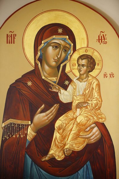 Ikon a Mária Magdolna orosz ortodox templomban az olajfák hegyén: Szűz és gyermek, Jeruzsálem, Izrael alkotó: Unbekannt