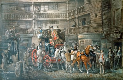 Fogadó udvar indulni készülő postakocsival, c1840 alkotó: Unbekannt