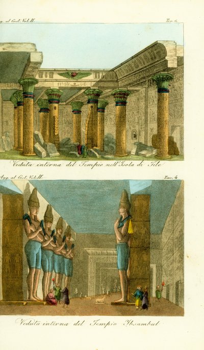 Ízisz templomának belseje Philae szigetén, Núbiában és II. Ramszesz Nagy Templomának belseje Abu Simbelben (Ibsambul), Núbia alkotó: Unbekannt