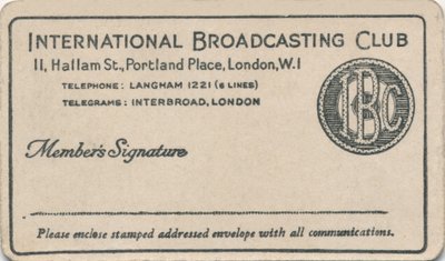 International Broadcasting Club: tagsági kártya, 1930-as évek alkotó: Unbekannt
