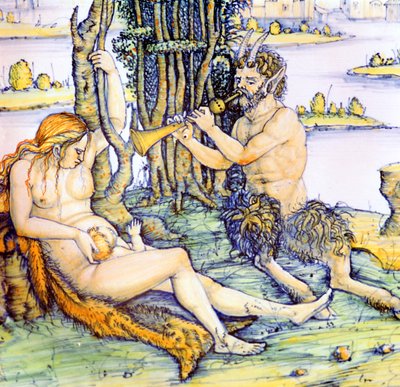 Olasz cseréptál, amelyen a Durer utáni szatírcsalád látható alkotó: Unbekannt