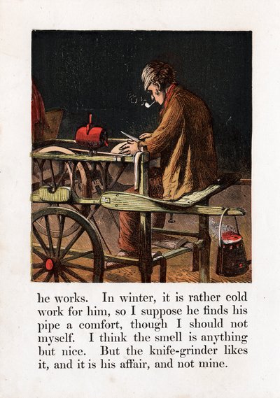 Vándorkés köszörű, penge élezése csiszolókorong forgatásával taposóval, c1867 alkotó: Unbekannt