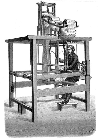 Jacquard szövőszék lyukkártyákkal, amelyekből mintát szőttek, 1876 alkotó: Unbekannt