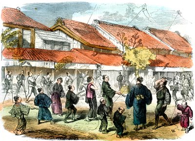 Battledore és tollaslabda japán játék Yokohama utcáin, 1865 alkotó: Unbekannt