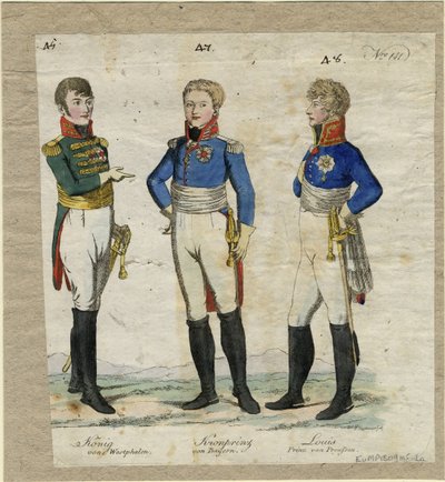 Jérôme Bonaparte vesztfáliai király, Lajos Ferdinánd porosz herceg és I. Ludwig bajor herceg, kb. alkotó: Unbekannt