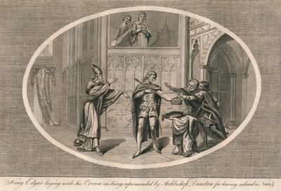 Edgar király letette a koronáját Dunstan érsek megrovása miatt, a 960-as évek 1793. alkotó: Unbekannt